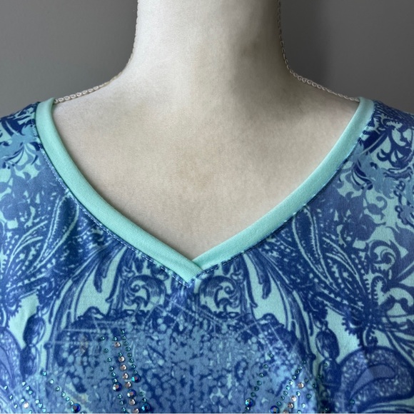 Chicos Zynergy XL Top Green & Blue Beaded Paisley Floral Soft Stretchy - Picture 3 of 6